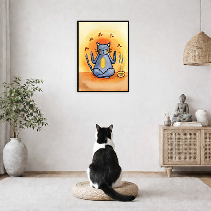 Gray cat chants with incense burning framed poster.  This is a print of the original hand-painted watercolor by Brazilian artist Thaís Suizo.  The poster is in the center of the living room wall. A black and white cat is staring at the poster. There is a potted plant on the left side and a cabinet with a Buddha statue on it on the right side. 
