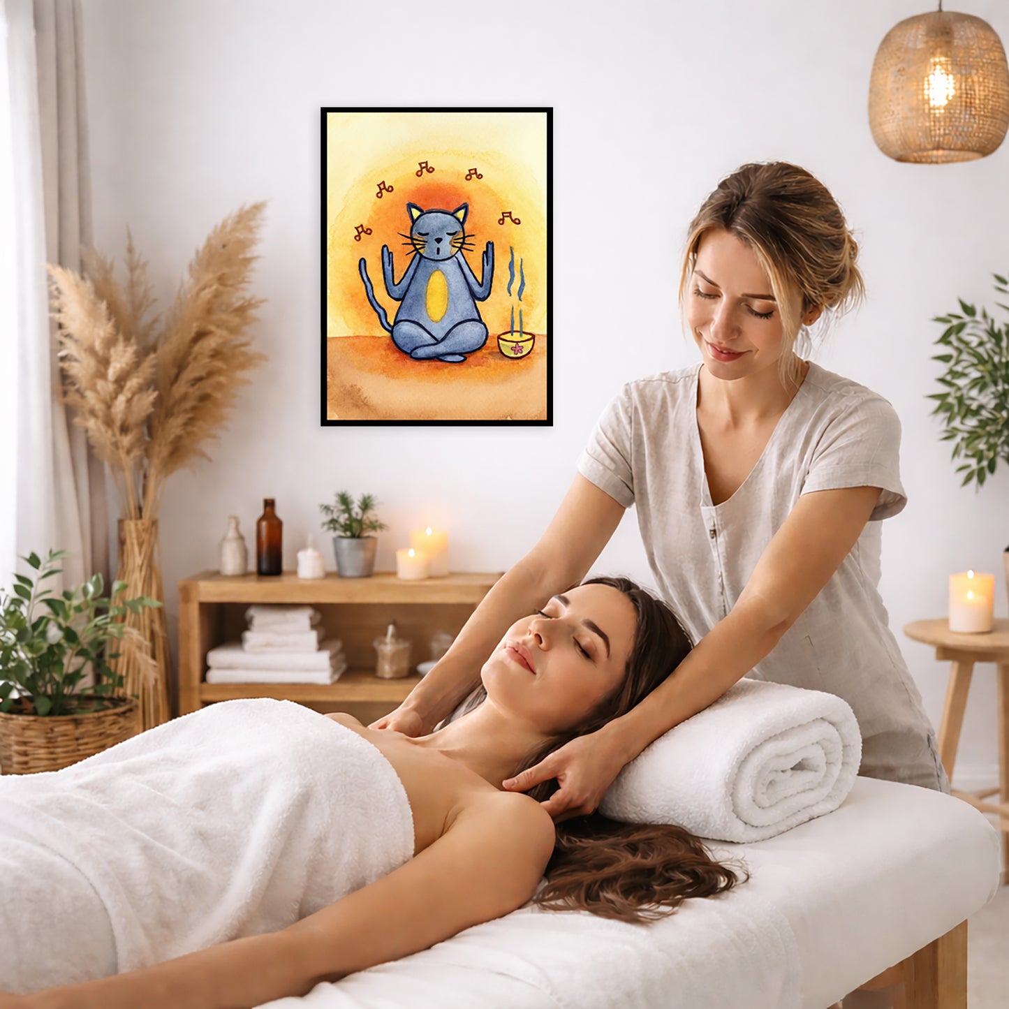 Gray cat chants with incense burning framed poster.  This is a print of the original hand-painted watercolor by Brazilian artist Thaís Suizo. The poster is on the wall of the office of a massage therapist. The therapist is giving her female client a massage. The client is lying face up on a massage table wearing a white towel. To the left is a window, floor plant and large vase of dry flora. A shelf is underneath the poster with candles burning. There is a candle burning on a small table and a hanging lamp.