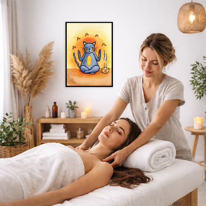 Gray cat chants with incense burning framed poster.  This is a print of the original hand-painted watercolor by Brazilian artist Thaís Suizo. The poster is on the wall of the office of a massage therapist. The therapist is giving her female client a massage. The client is lying face up on a massage table wearing a white towel. To the left is a window, floor plant and large vase of dry flora. A shelf is underneath the poster with candles burning. There is a candle burning on a small table and a hanging lamp.