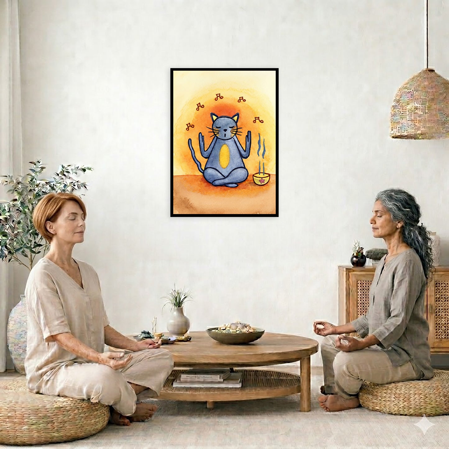 Gray cat chants with incense burning framed poster.  This is a print of the original hand-painted watercolor by Brazilian artist Thaís Suizo.  The poster is in the center of the living room wall. Two women are sitting on wicker pillows meditating. Behind them is a small round coffee table with incense, a green potted plant and a bowl of shells. There is a potted plant to the left and a Buddha statue and a vase to the right. 