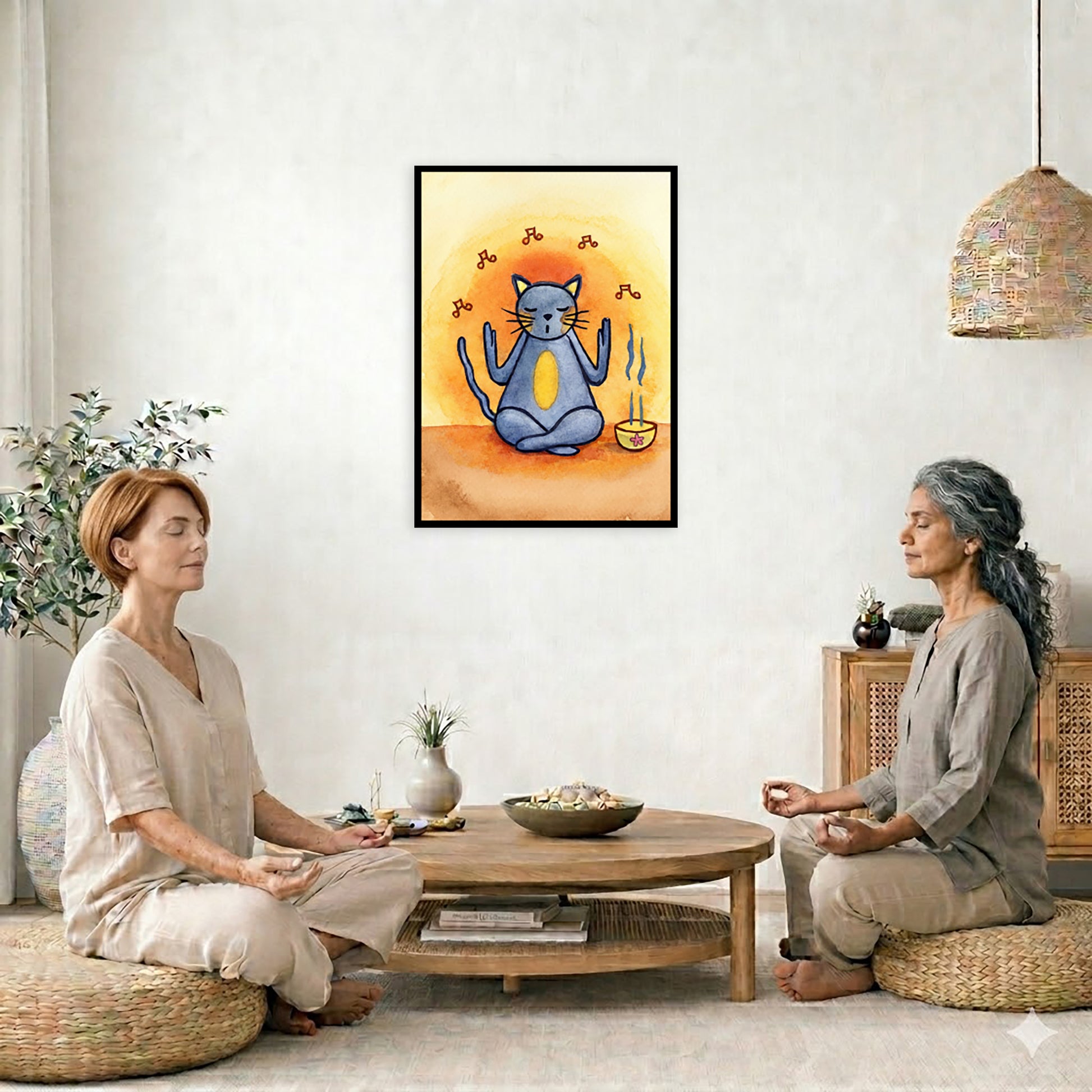 Gray cat chants with incense burning framed poster.  This is a print of the original hand-painted watercolor by Brazilian artist Thaís Suizo.  The poster is in the center of the living room wall. Two women are sitting on wicker pillows meditating. Behind them is a small round coffee table with incense, a green potted plant and a bowl of shells. There is a potted plant to the left and a Buddha statue and a vase to the right. 