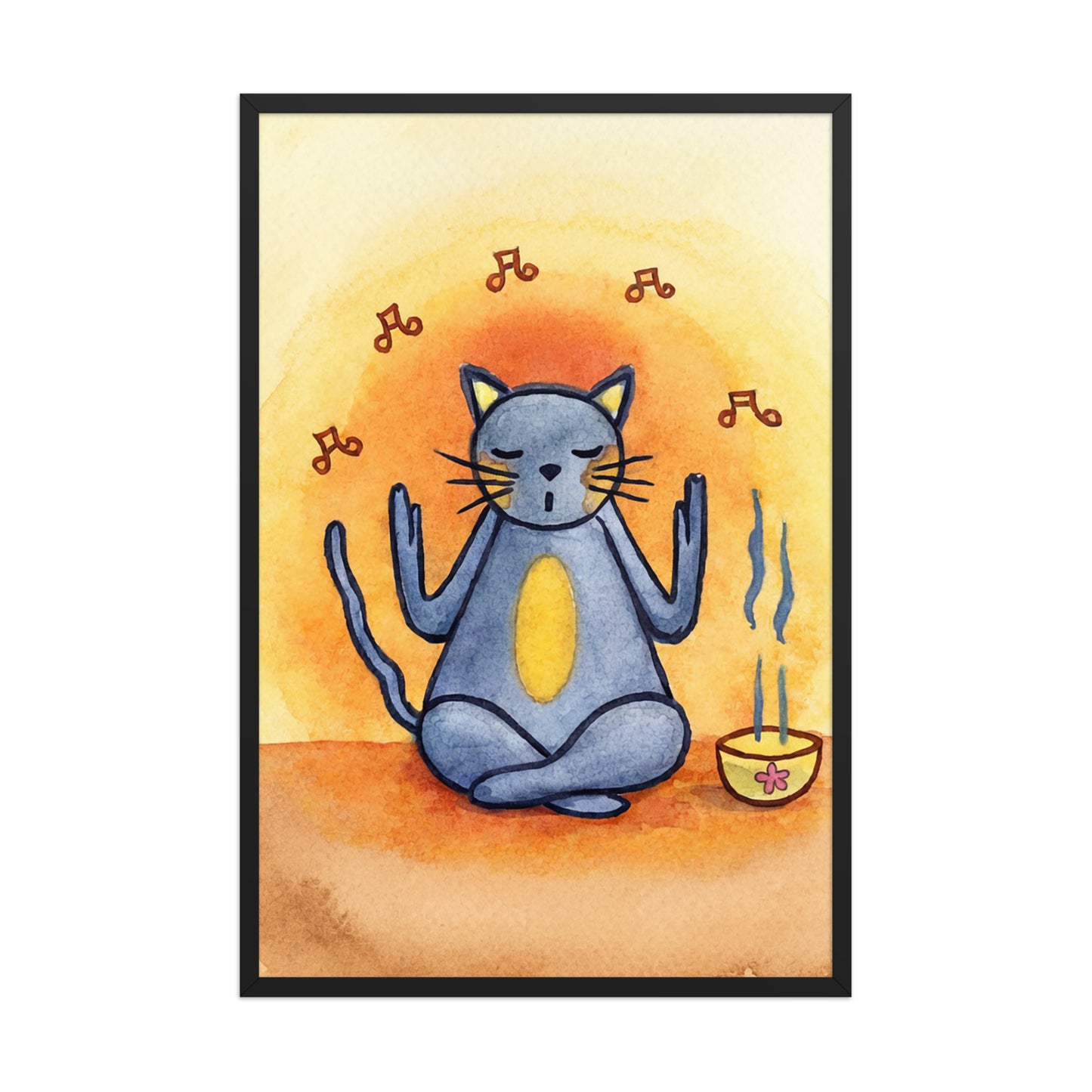 Gray cat chants with incense burning framed poster.  This is a print of the original hand-painted watercolor by Brazilian artist Thaís Suizo. 