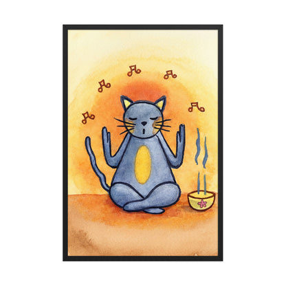 Gray cat chants with incense burning framed poster.  This is a print of the original hand-painted watercolor by Brazilian artist Thaís Suizo. 
