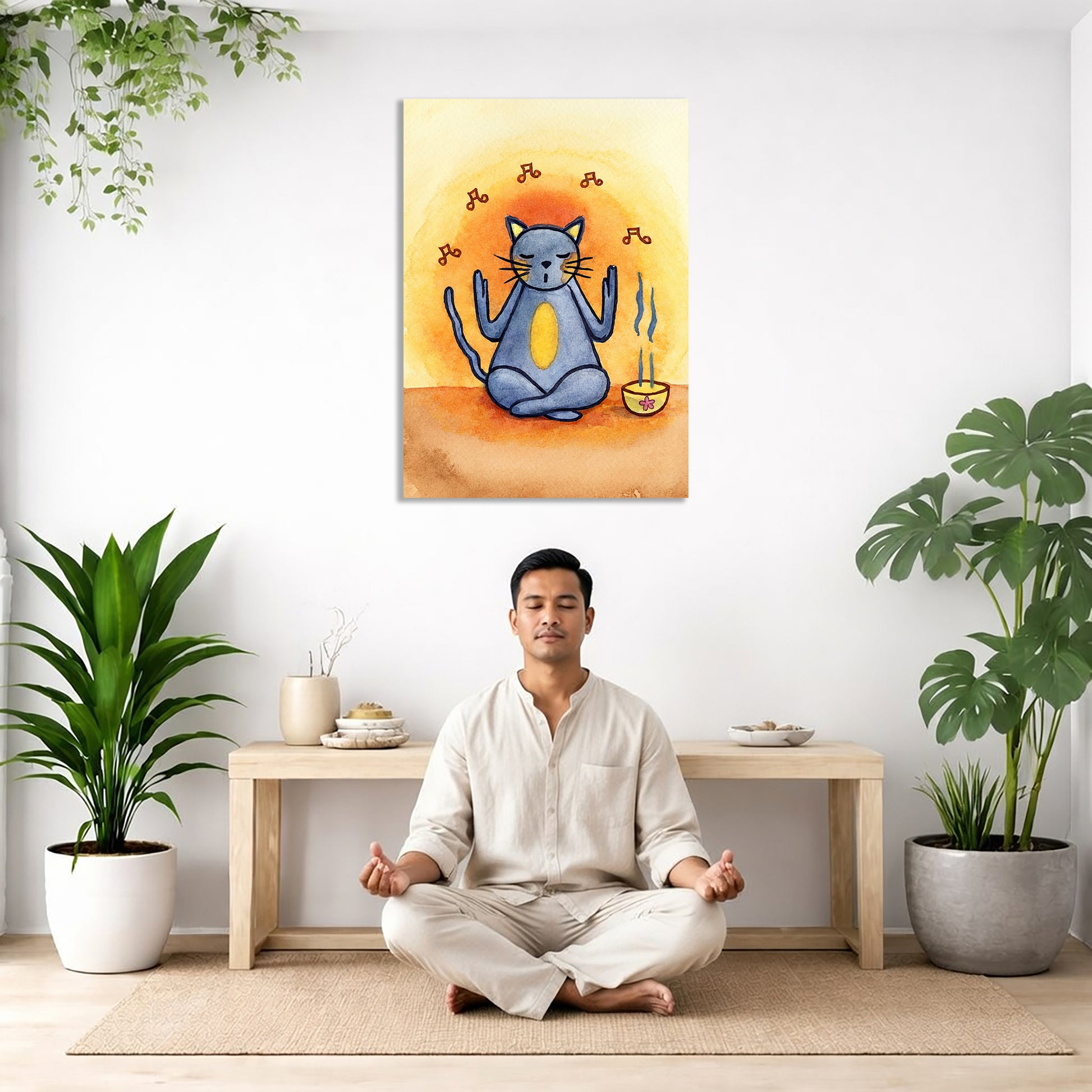 Man meditating in a room with plants and a painting of a cat on the wall.