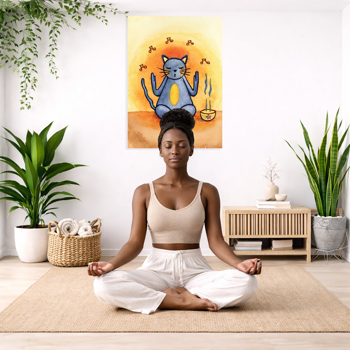 Woman meditating in a room with plants and a painting of a blue cat.