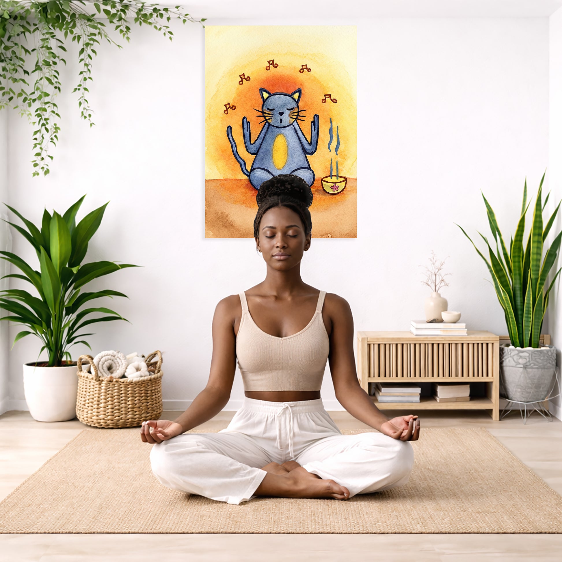 Woman meditating in a room with plants and a painting of a blue cat.