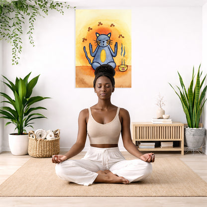 Woman meditating in a room with plants and a painting of a blue cat.