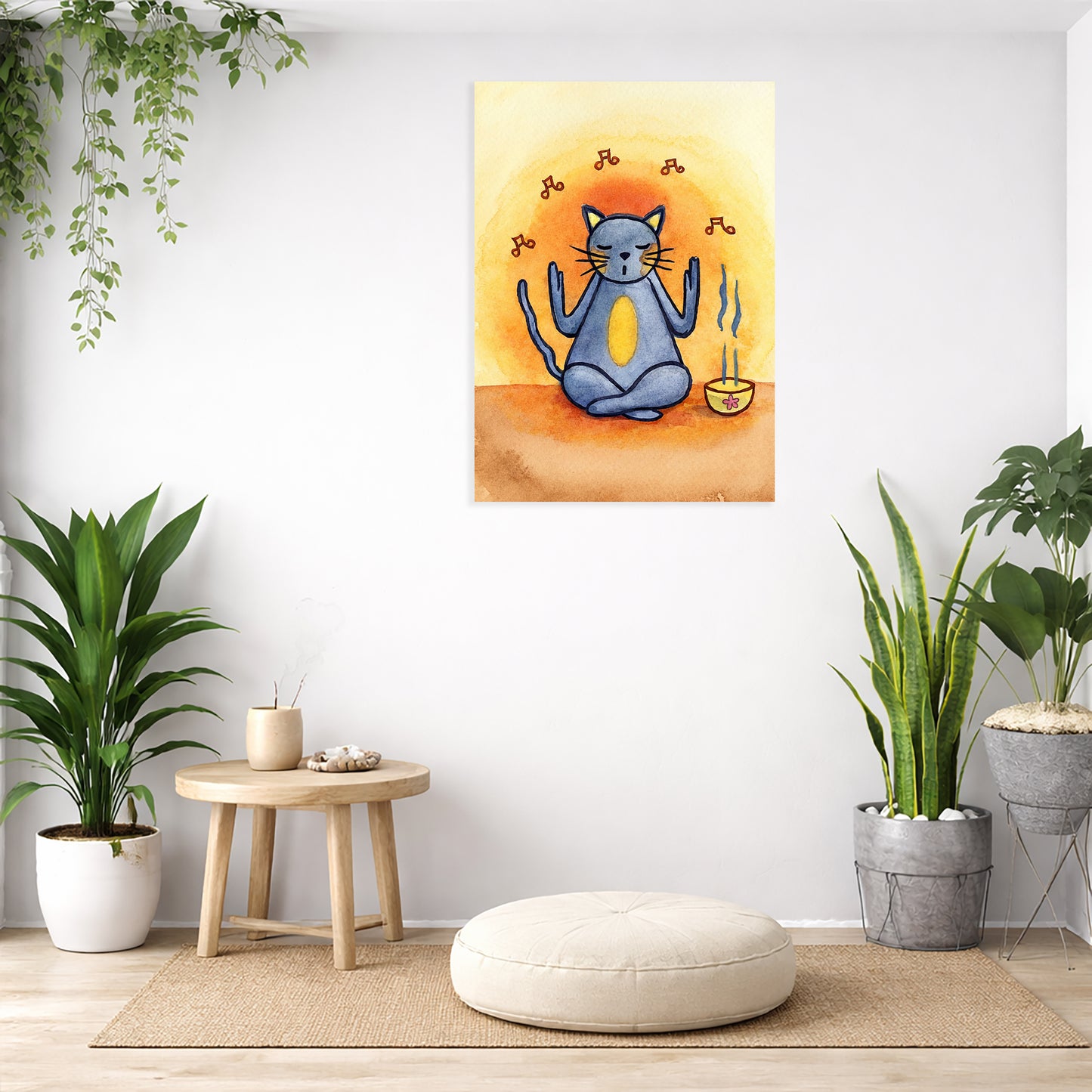 Room interior with a wall art of a blue cat meditating, surrounded by plants and a small table.