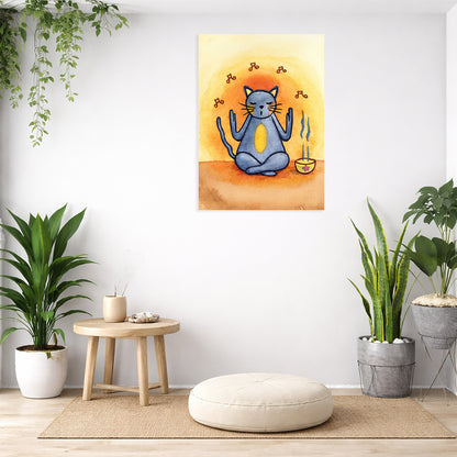 Room interior with a wall art of a blue cat meditating, surrounded by plants and a small table.