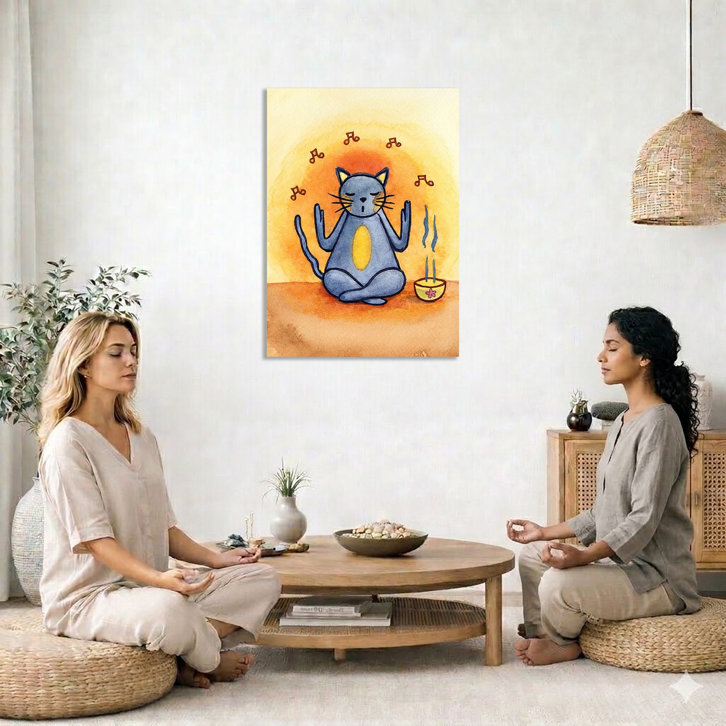 Two women meditating in a modern living room with a colorful abstract painting of a cat playing the drums on the wall.