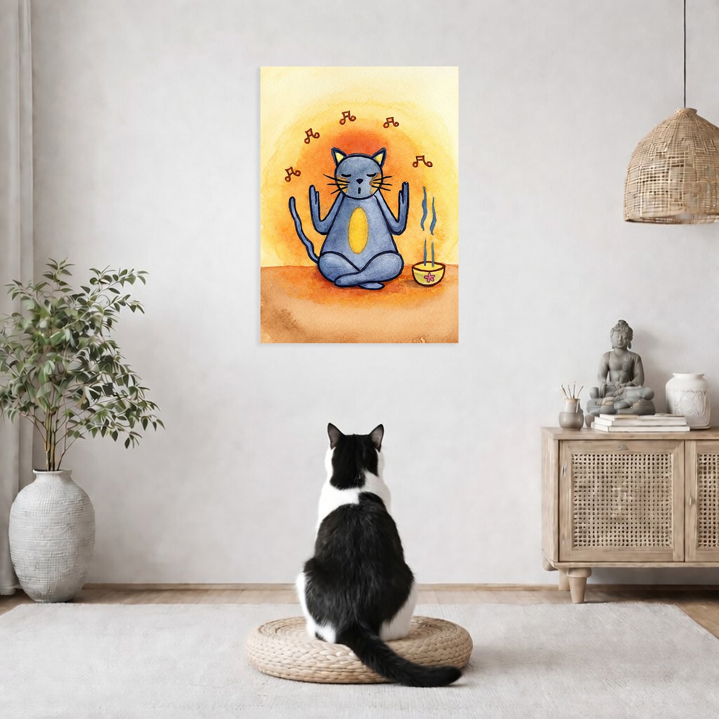 Chanting Cat with Incense Canvas – Spiritual Cat Art – Mindfulness Wall Hanging