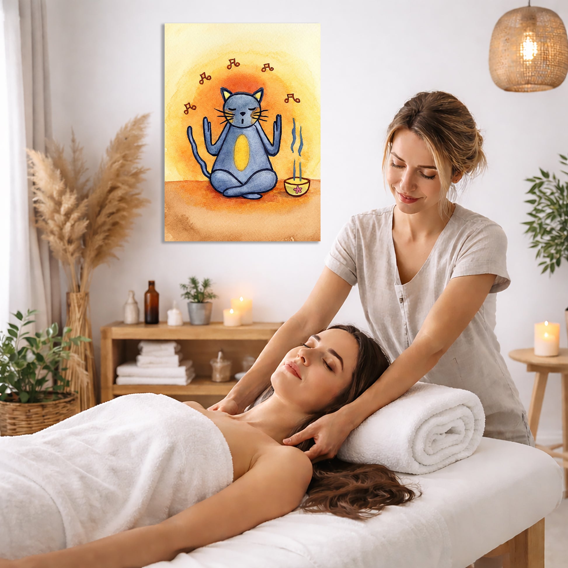 Woman receiving a massage in a spa setting with a painting of a blue cat on the wall.