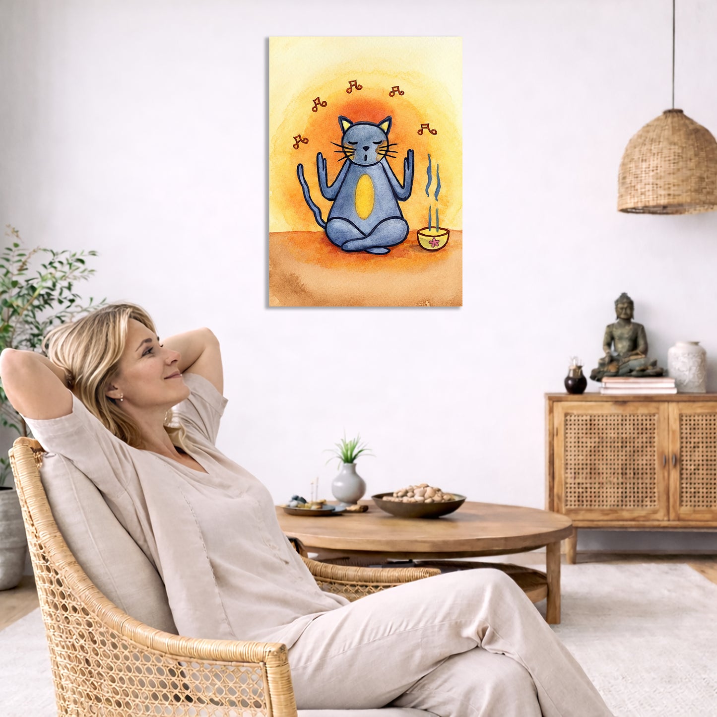 Woman relaxing in a living room with a painting of a meditating cat on the wall.