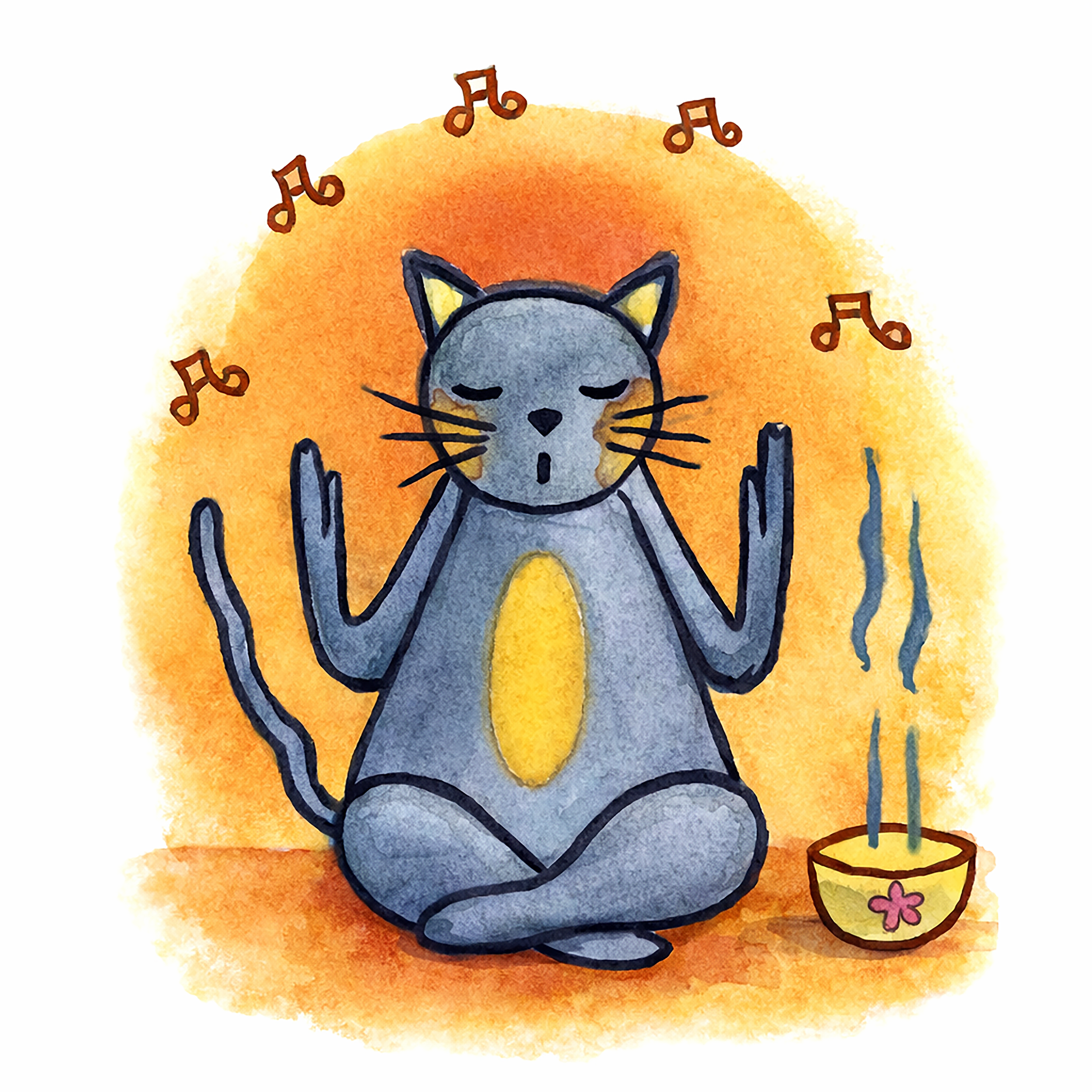 Thumbnail of a gray cat chanting with incense burning. This is a print of the original hand-painted watercolor by Brazilian artist Thaís Suizo for the LET'S MEDITATE SERIES of mediation guides. 