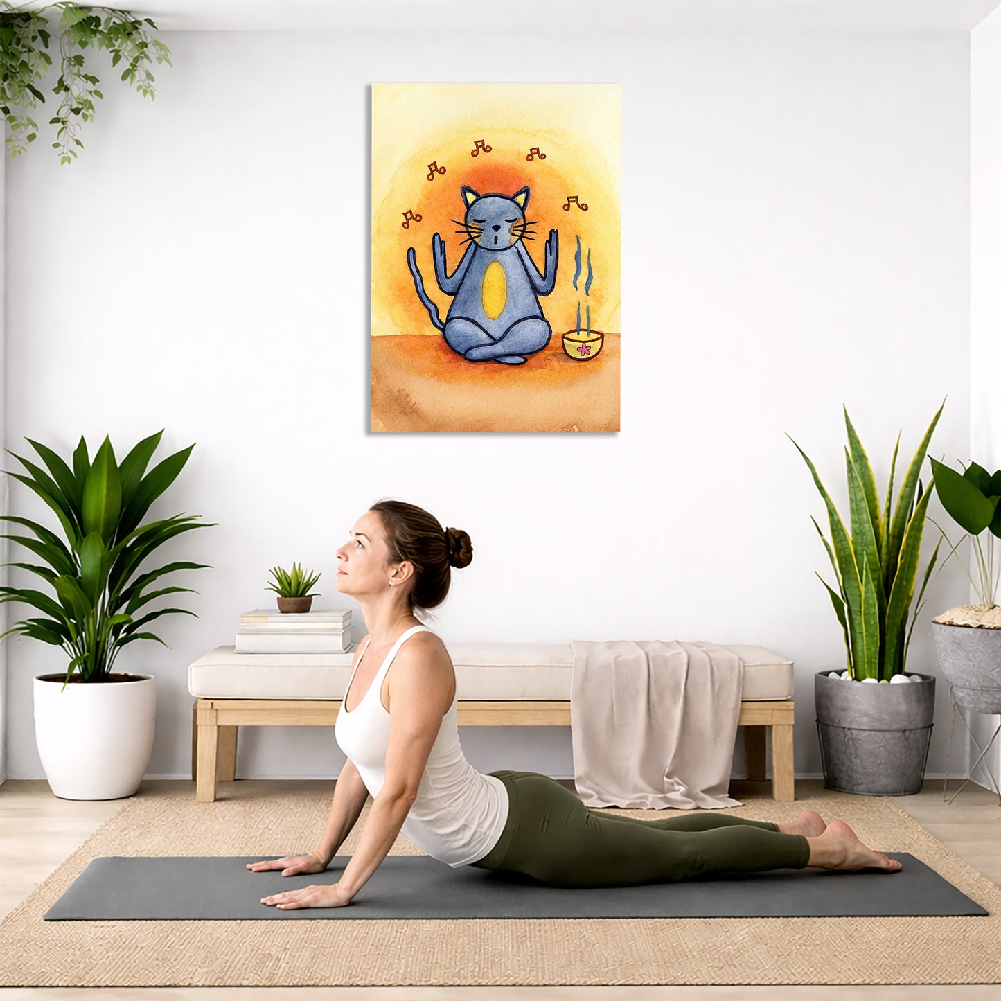 Woman practicing yoga in a room with plants and a colorful painting on the wall.