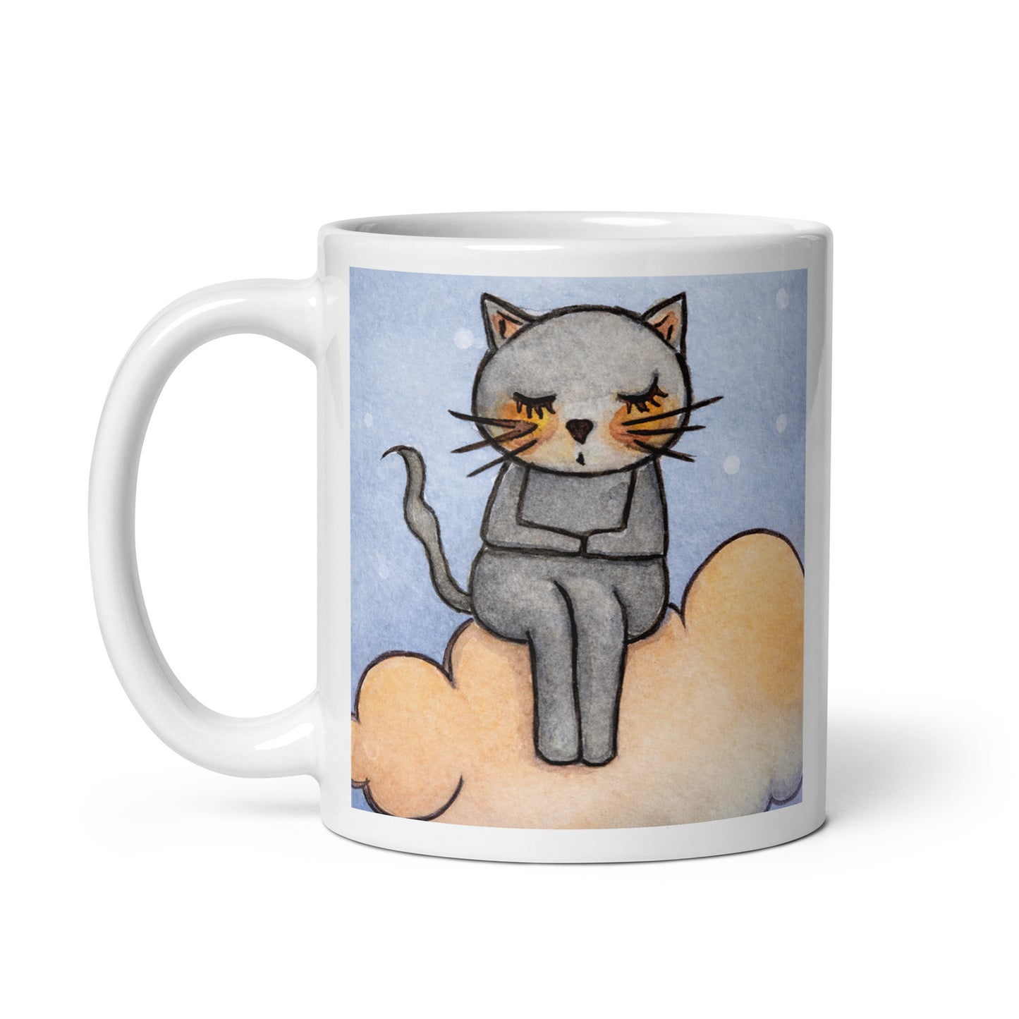 Gray cat Meditating on an orange cloud mindfulness coffee mug.  This illustration is on both sides of the mug. In this image the handle of the mug is on the left side.