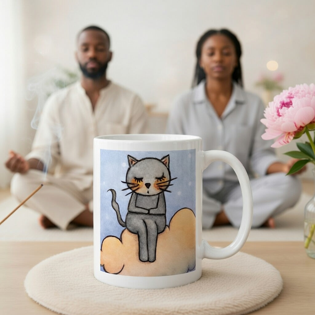 Gray cat Meditating on an orange cloud mindfulness coffee mug.  A large mug is at the bottom front displaying the design. There is a couple meditating in the background. There is incense and a flower beside the mug.