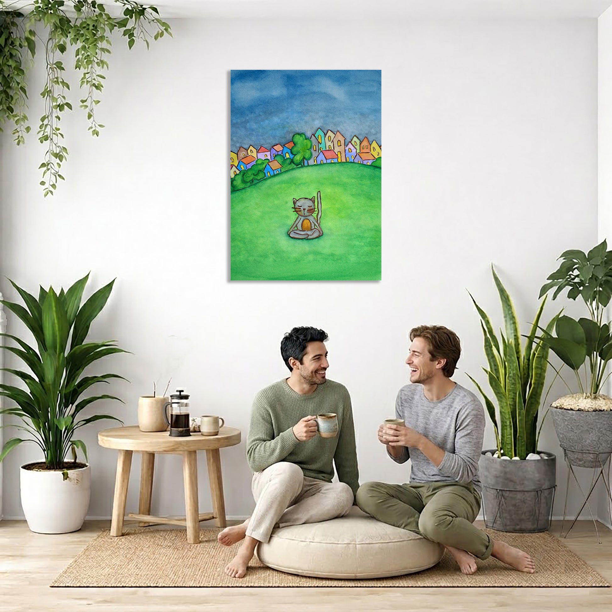 Two people sitting on a rug in a room with plants and a colorful painting of a garden scene.