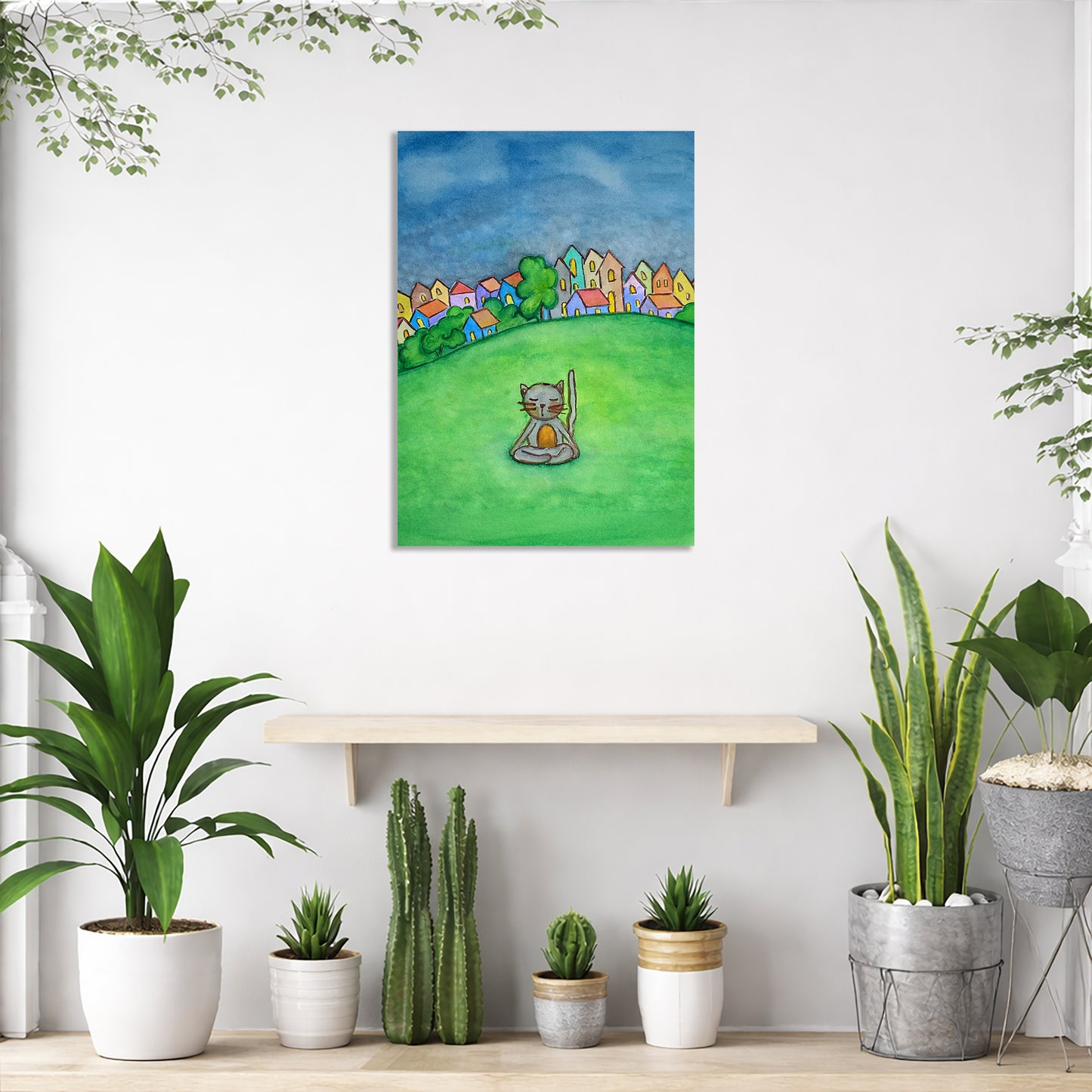 Room interior with potted plants and a colorful painting of a cat on a grassy field.