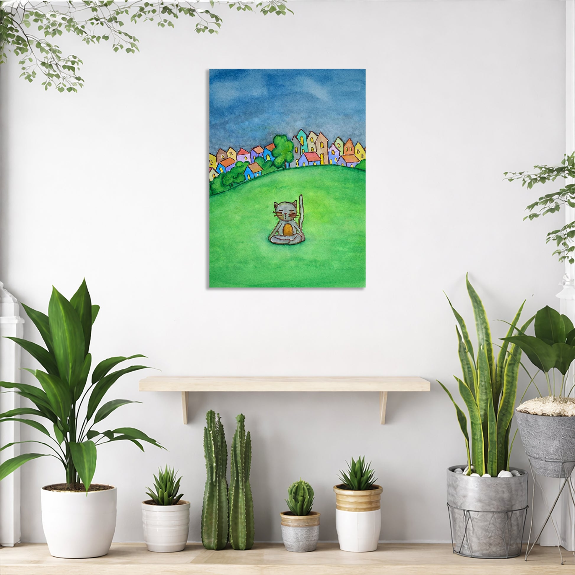 Room interior with potted plants and a colorful painting of a cat on a grassy field.