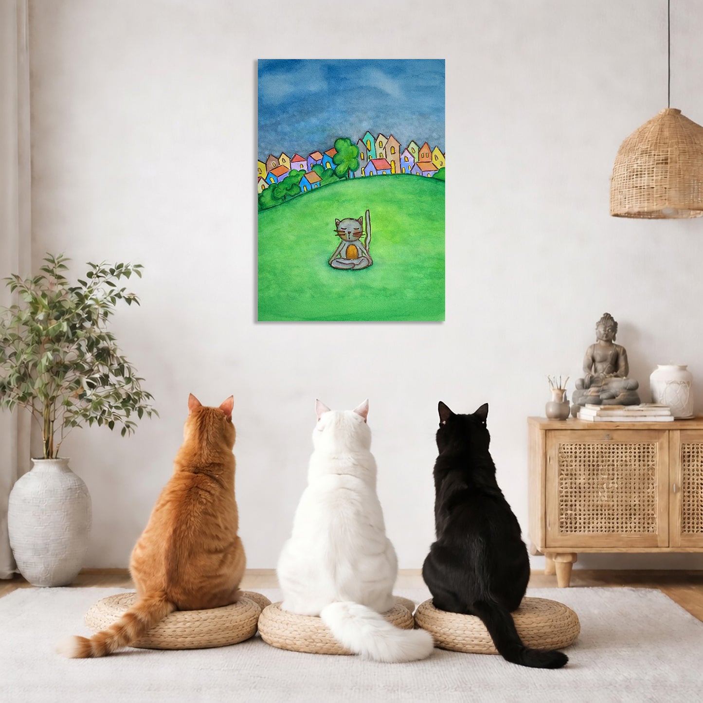 Three cats sitting on cushions in a room with a colorful painting of a cat playing golf on the wall.