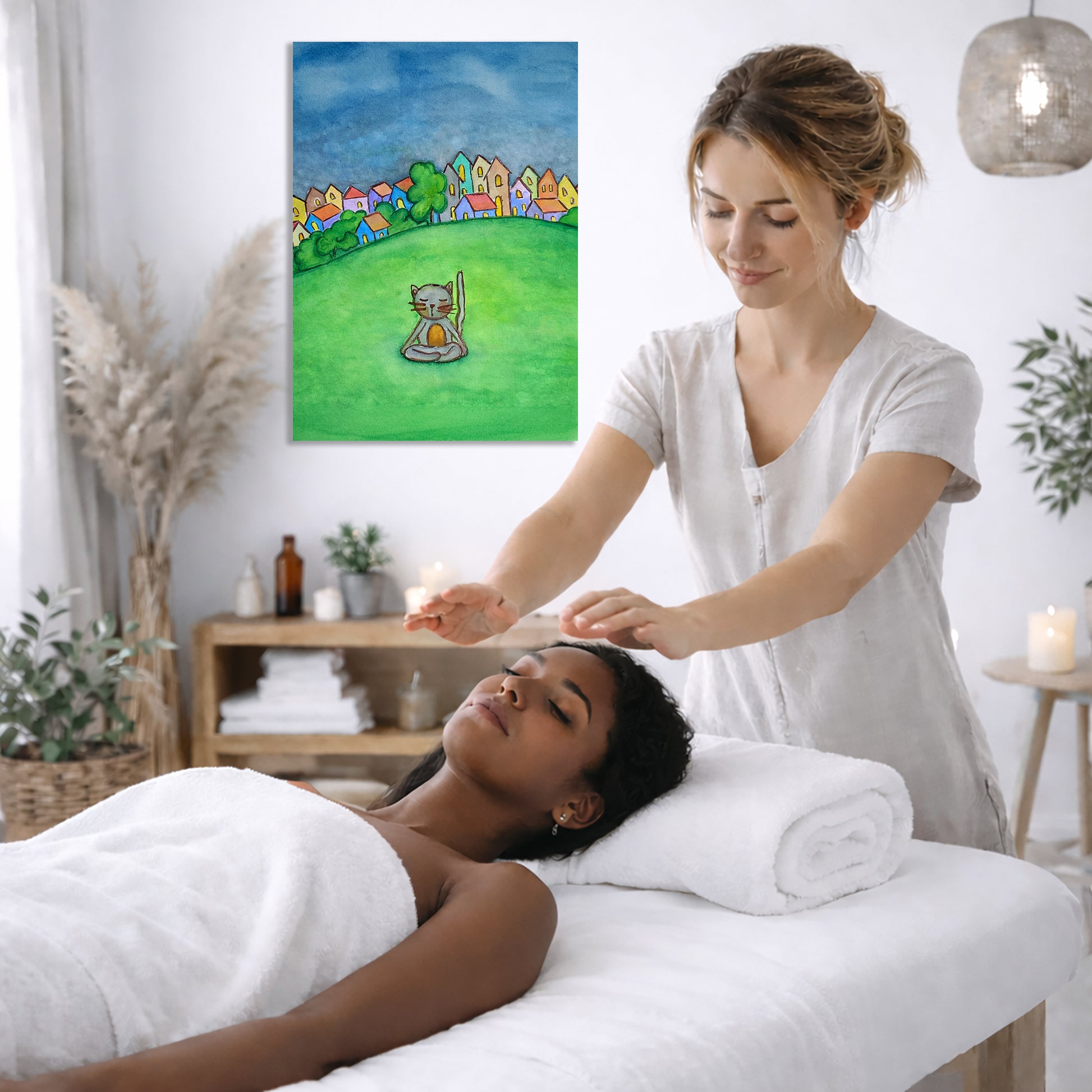 Woman receiving reiki from another woman in a spa setting with a painting on the wall.