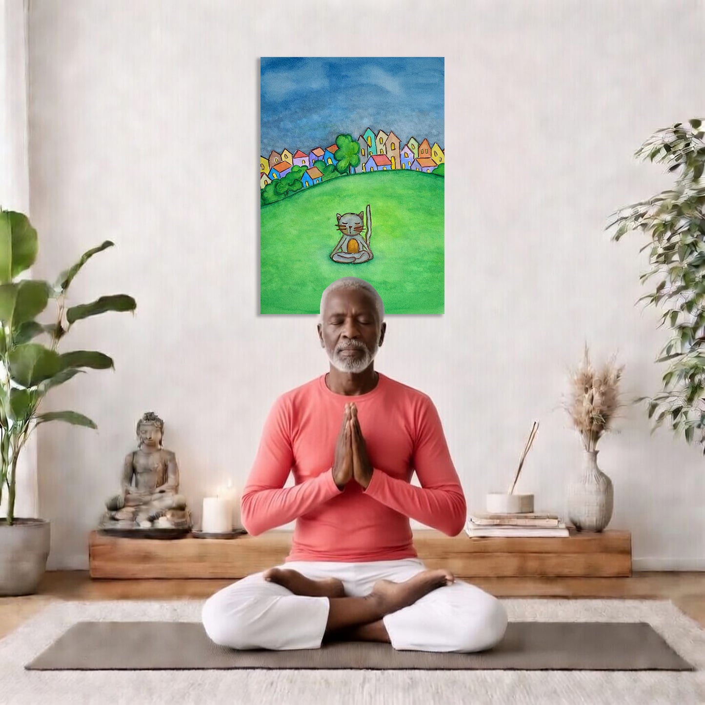 Man meditating in a room with a colorful painting of a cat on a green hill.