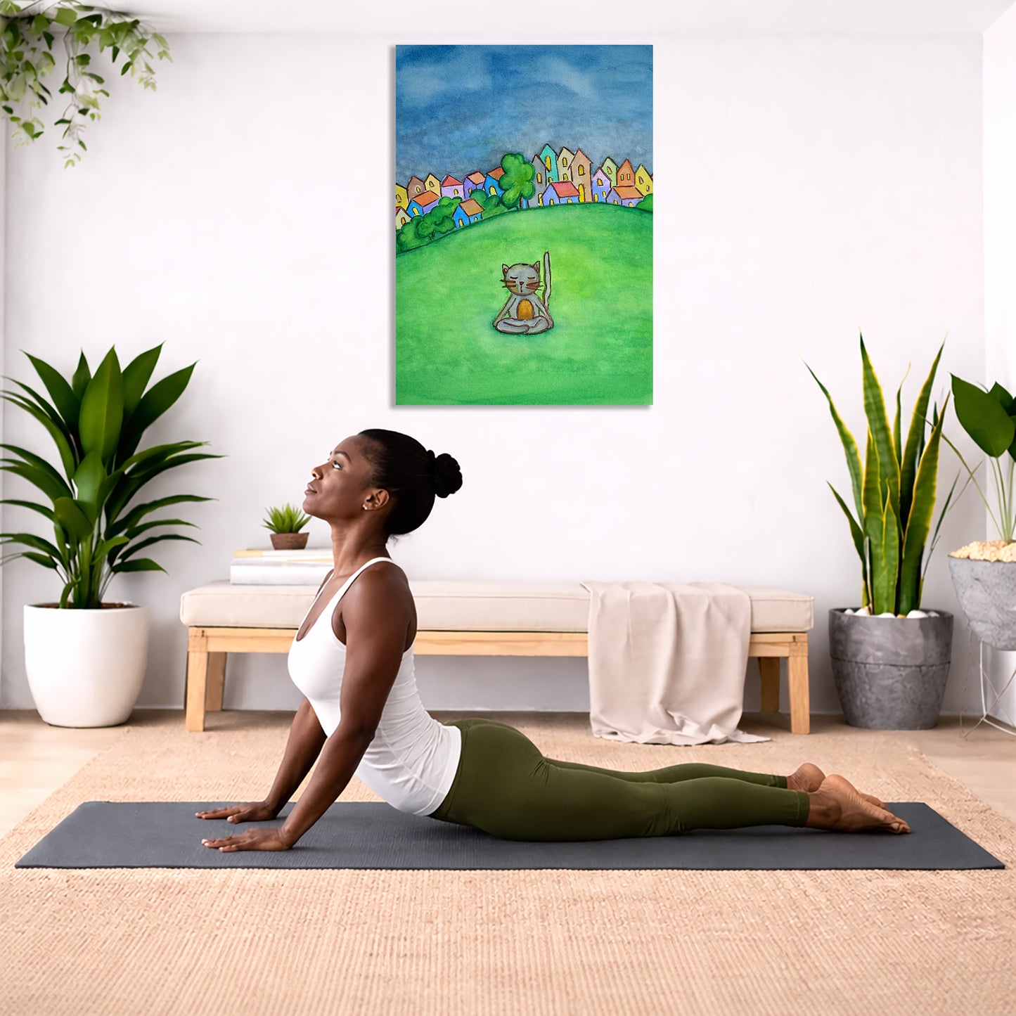 Woman practicing yoga in a room with plants and a colorful painting on the wall.