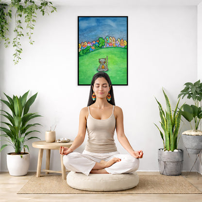 A gray cat meditating in the park framed poster. This is a print of the original hand-painted watercolor by Brazilian artist Thaís Suizo.  There is a woman meditating on a pillow facing away from the wall. There is a small table beside her with incense and meditation stones. There are potted plants on the right and left side of the background.
