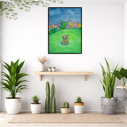 A gray cat meditating in the park framed poster. This is a print of the original hand-painted watercolor by Brazilian artist Thaís Suizo. The poster is in the center of the living room wall. Below the poster is a en shelf and below are a variety of green potted plants including a few cactus.

