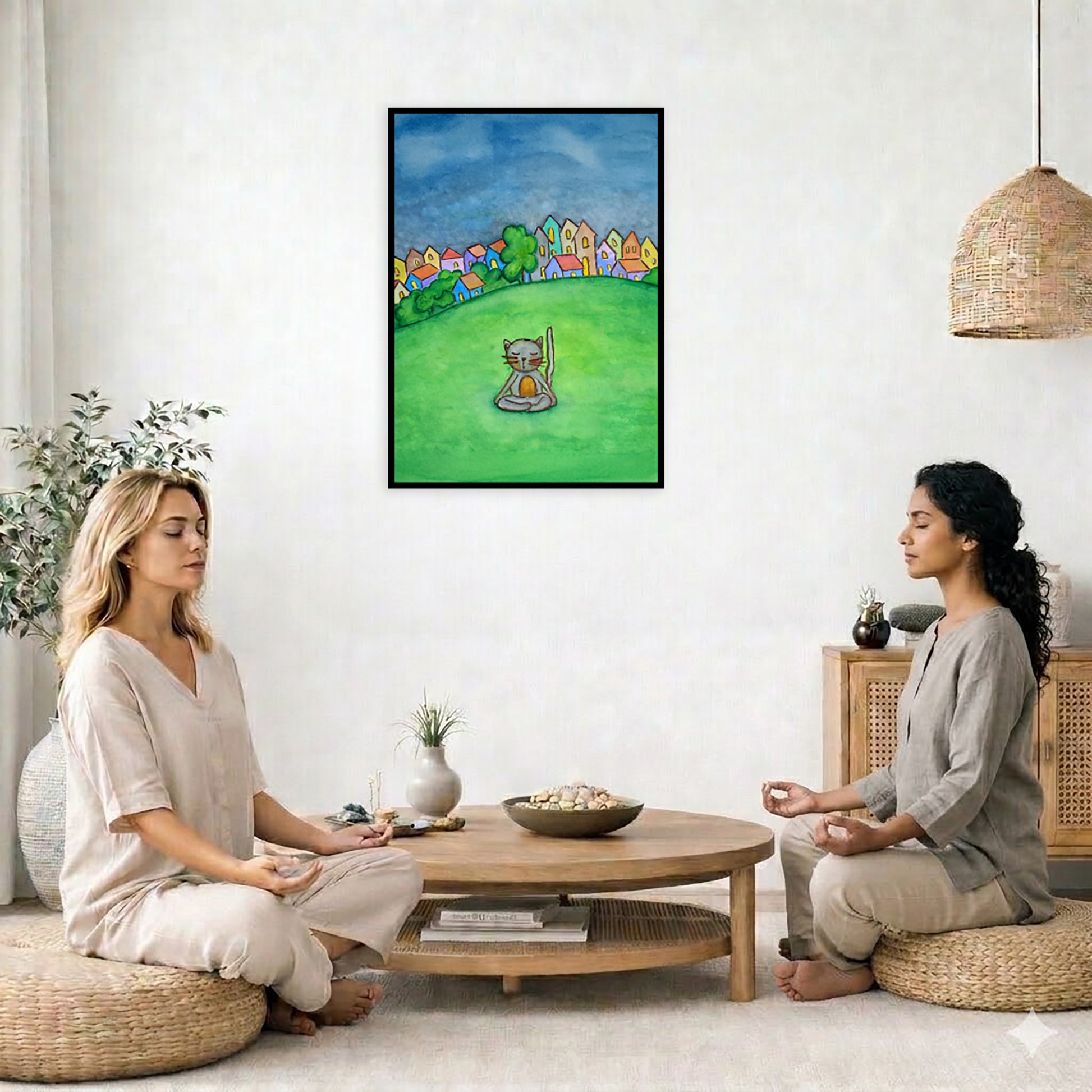 A gray cat meditating in the park framed poster. This is a print of the original hand-painted watercolor by Brazilian artist Thaís Suizo. The poster is in the center of the living room wall. Two women are sitting on a giant pillow having a coffee. Beside them is a small tray with a pot of coffee and incense. To the left is a green floor plant and a hanging green plant. To the right of them is a green floor plant.
