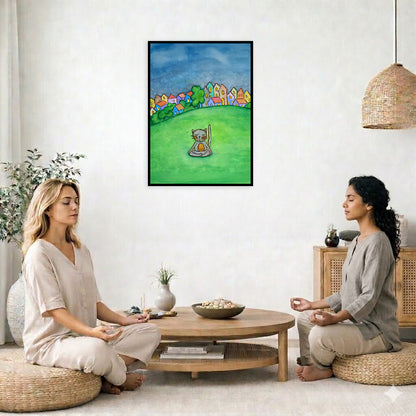 A gray cat meditating in the park framed poster. This is a print of the original hand-painted watercolor by Brazilian artist Thaís Suizo. The poster is in the center of the living room wall. Two women are sitting on a giant pillow having a coffee. Beside them is a small tray with a pot of coffee and incense. To the left is a green floor plant and a hanging green plant. To the right of them is a green floor plant.

