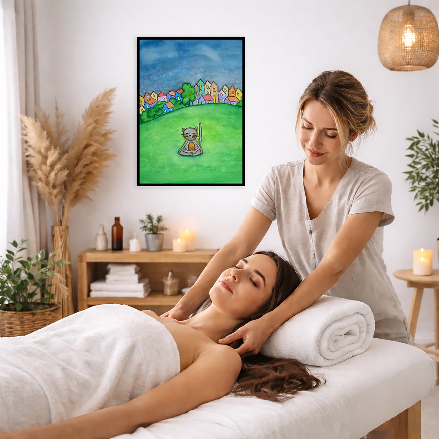 A gray cat meditating in the park framed poster. This is a print of the original hand-painted watercolor by Brazilian artist Thaís Suizo. The poster is on the wall of the office of a massage therapist. The therapist is giving her female client a massage. The client is lying face up on a massage table wearing a white towel. To the left is a window, floor plant and large vase of dry flora. A shelf is underneath the poster with candles burning. There is a candle burning on a small table and a hanging lamp with