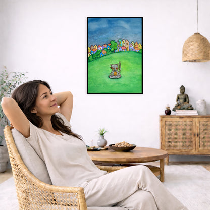 A gray cat meditating in the park framed poster. This is a print of the original hand-painted watercolor by Brazilian artist Thaís Suizo.  The poster is in the center of the living room wall. To the left a woman is relaxing in her chair with her hands behind her head. There is a small coffee table beside her with a bowl of walnuts, incense and a small green plant. On the right side of the room is a cabinet with a Buddha statue, books and an urn on it. To the left is a green floor plant.