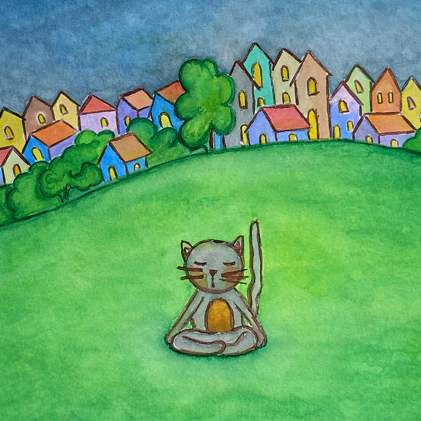 A gray cat meditating in the park framed poster. This is a thumbnail of the original hand-painted watercolor by Brazilian artist Thaís Suizo. 
