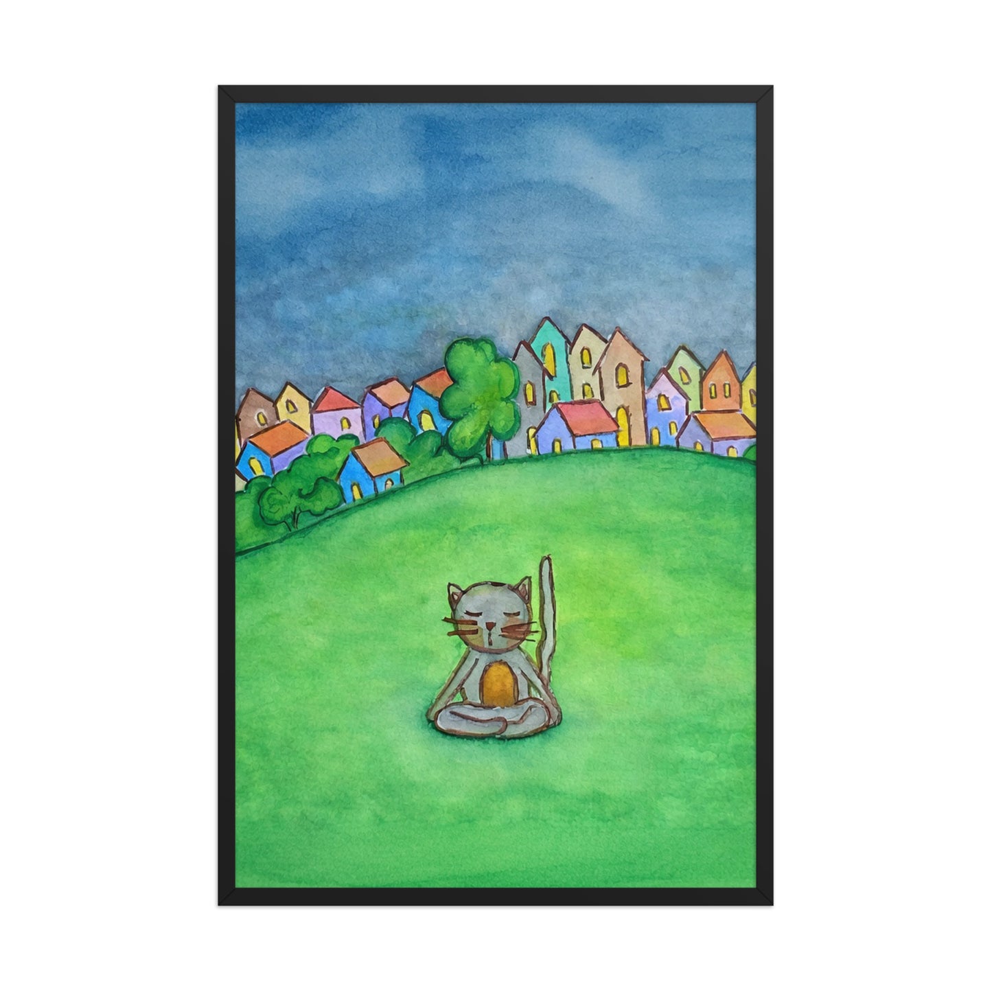 A gray cat meditating in the park framed poster. This is a print of the original hand-painted watercolor by Brazilian artist Thaís Suizo.