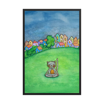 A gray cat meditating in the park framed poster. This is a print of the original hand-painted watercolor by Brazilian artist Thaís Suizo.
