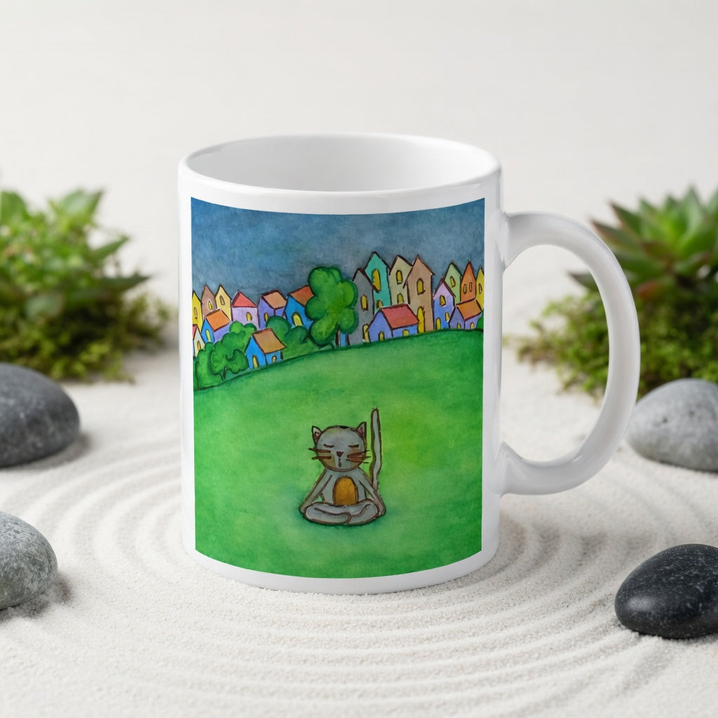 Gray cat meditating peacefully in a park surrounded by a large lawn and a row of houses in the distant background coffee mug. The mug is in a beautifully raked zen garden with bushes and plants behind it.