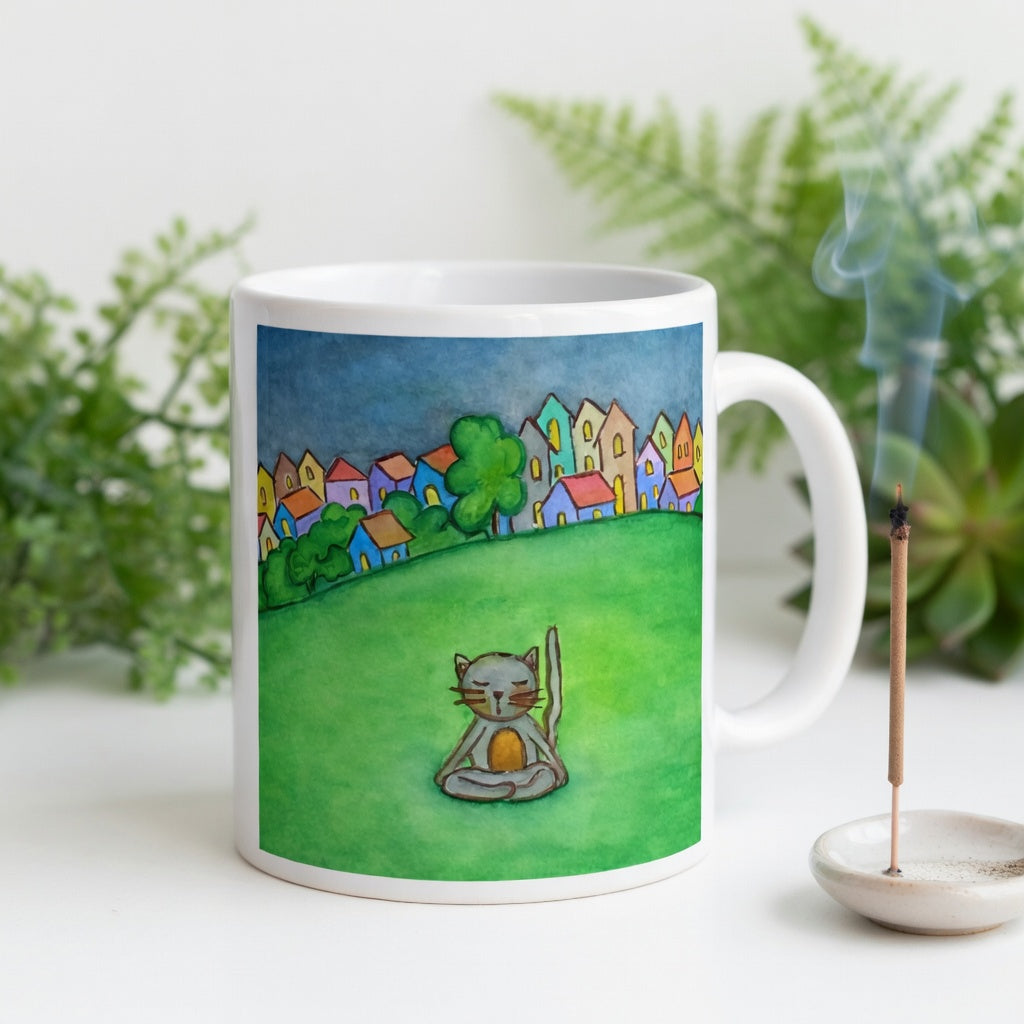 Gray cat meditating peacefully in a park surrounded by a large lawn and a row of houses in the distant background coffee mug.  Incense is burning beside the mug. There are green potted plants in the background.