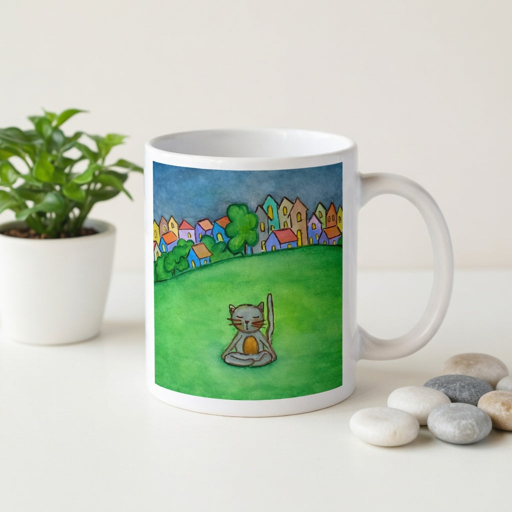 Gray cat meditating peacefully in a park surrounded by a large lawn and a row of houses in the distant background coffee mug.  The mug is on a counter. Beside the mug are meditation stones. Behind the mug is a green potted plant.
