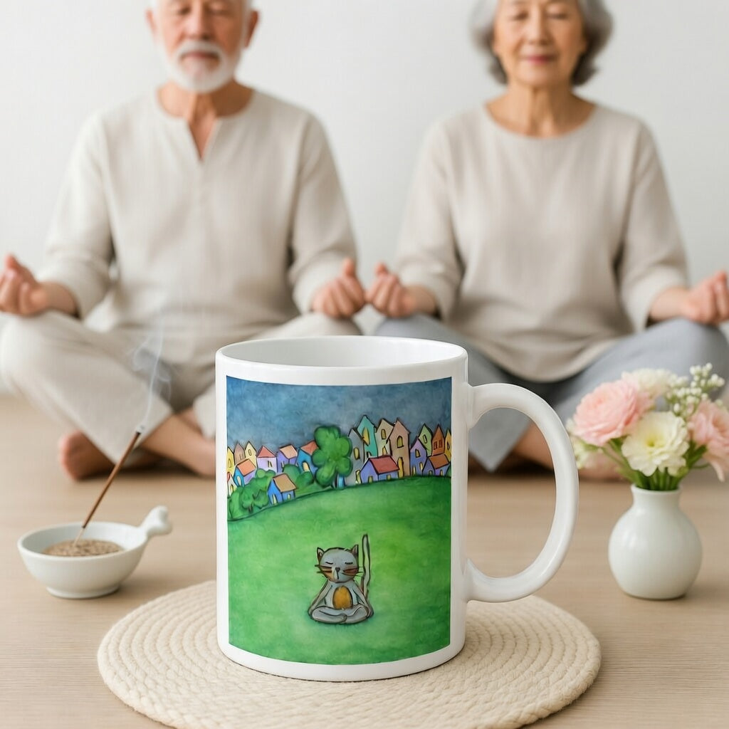 Gray cat meditating peacefully in a park surrounded by a large lawn and a row of houses in the distant background coffee mug. A large mug is at the bottom front displaying the design. There is a couple meditating in the background. There is incense burning and a vase of flowers beside the mug.