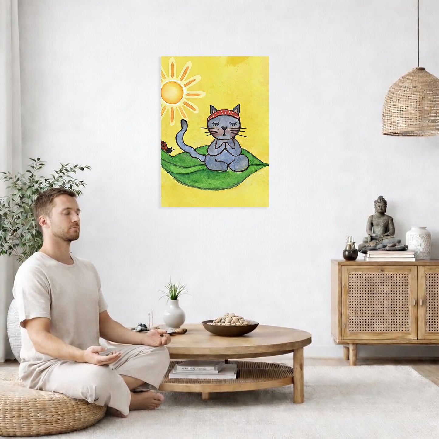 Man meditating in a living room with a colorful wall art of a cat on a leaf and sun.