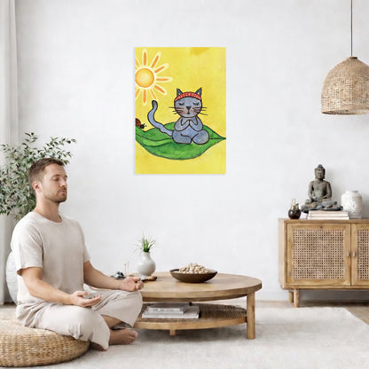 Man meditating in a living room with a colorful wall art of a cat on a leaf and sun.