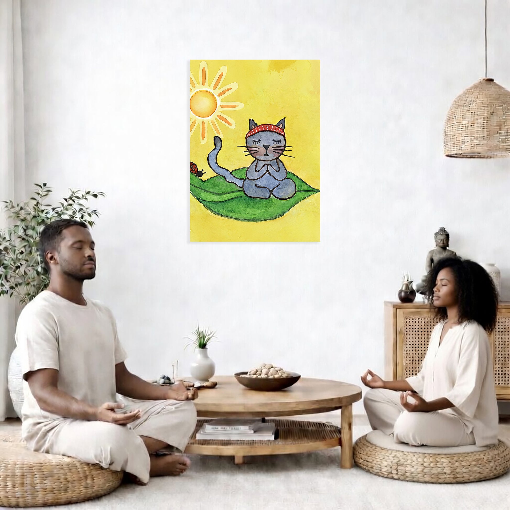 Two people meditating in a modern living room with a colorful wall art of a cat and sun.