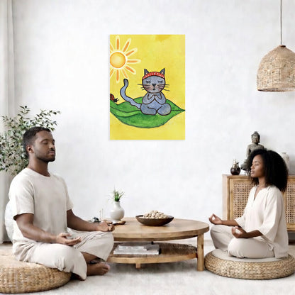 Two people meditating in a modern living room with a colorful wall art of a cat and sun.