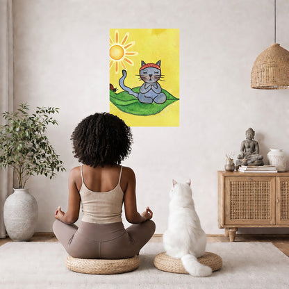 Woman meditating with a cat in a room with a colorful painting of a cat on a leaf.