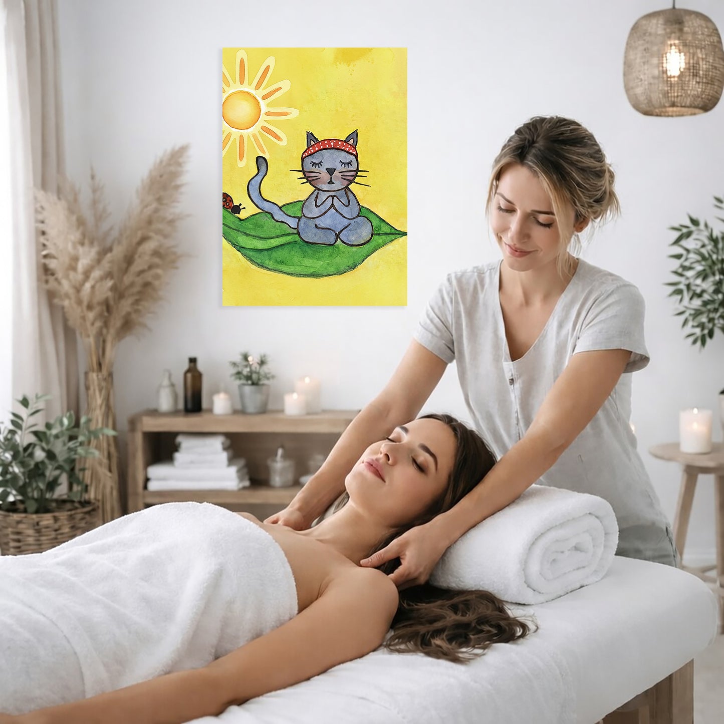 Woman receiving a massage in a spa setting with a painting of a cat on the wall.