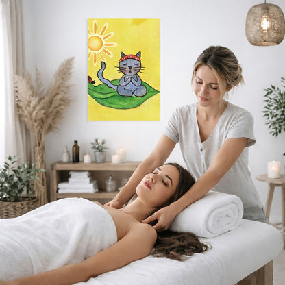 Woman receiving a massage in a spa setting with a painting of a cat on the wall.