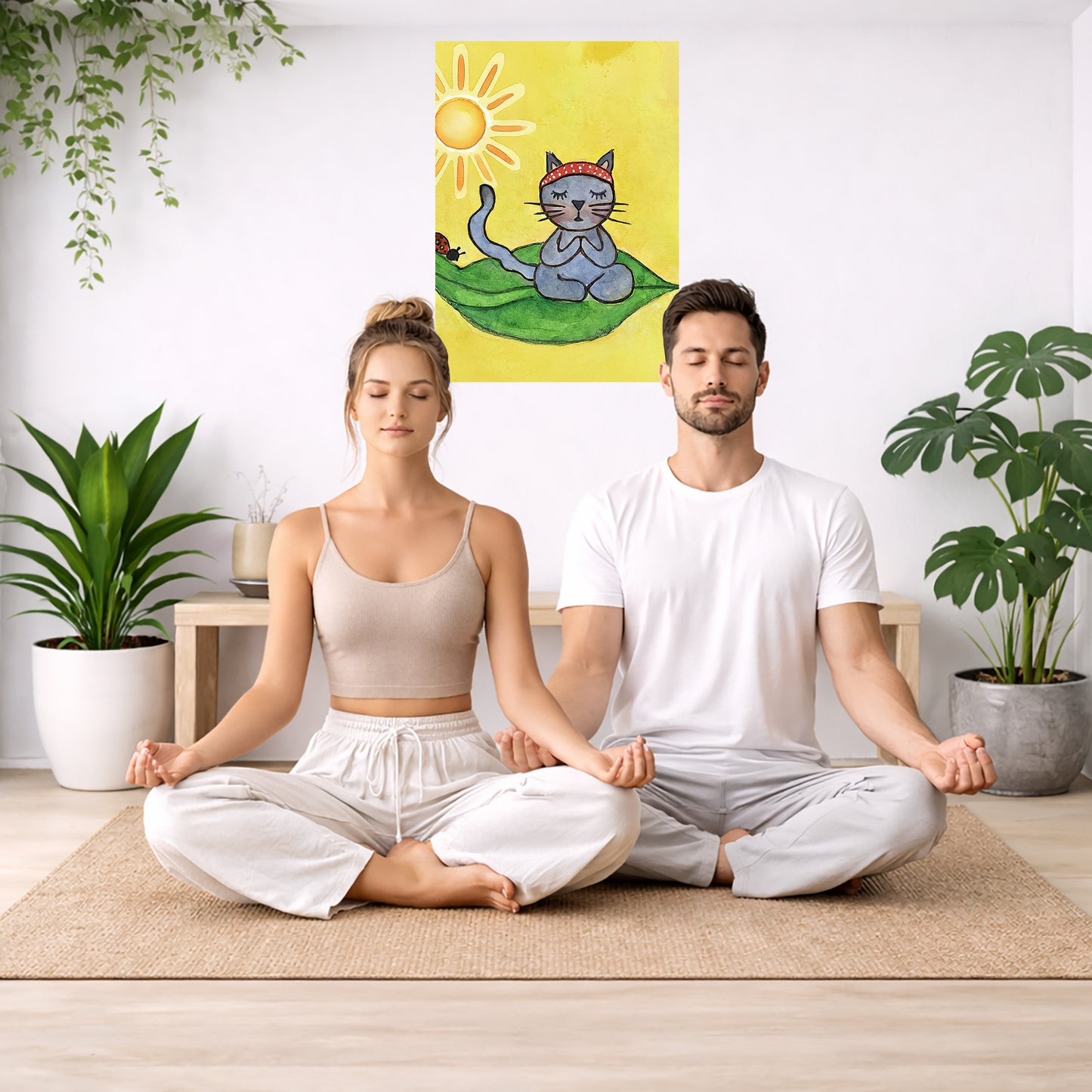 Two people meditating in a room with plants and a wall poster.
