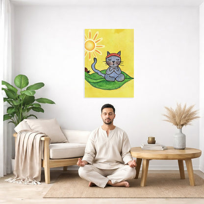 Man meditating in a living room with a colorful painting of a cat on a leaf above him.